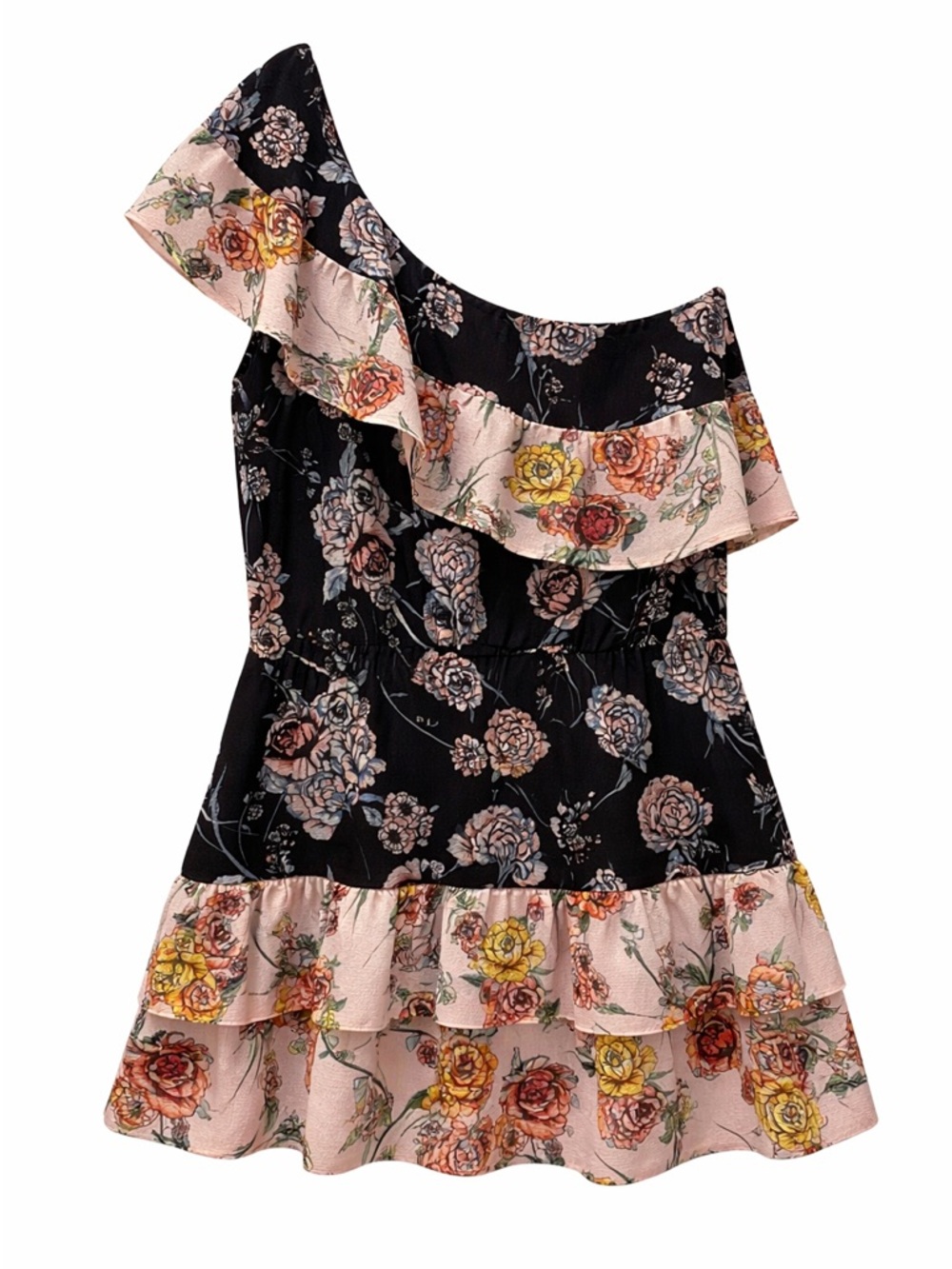 Aqua Capsule romantic ruffle floral asymmetrical top L